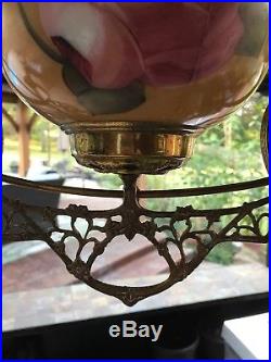 Antique Parlor Library Chandelier Hanging Oil Lamp Shade Crystals Smoke Bell