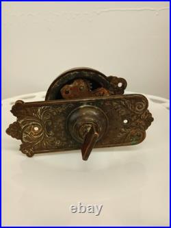 Antique Pat. 1899 Cast Iron Hand Crank Door Bell with Brass Plate WORKS