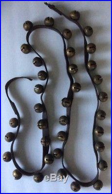 Antique Primitive 36 Brass Sleigh Bells On Leather c. 1800s Rustic Holiday Decor