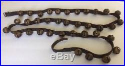 Antique Primitive 36 Brass Sleigh Bells On Leather c. 1800s Rustic Holiday Decor