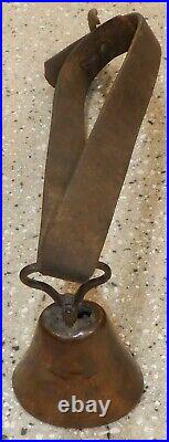 Antique Primitive Brass Cow Goat Bell Leather Strap Belt Collar Angel Bell