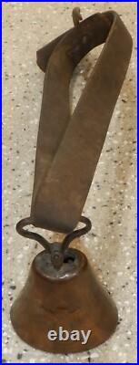 Antique Primitive Brass Cow Goat Bell Leather Strap Belt Collar Angel Bell