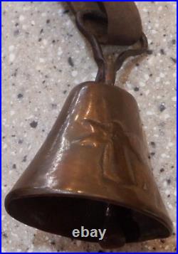 Antique Primitive Brass Cow Goat Bell Leather Strap Belt Collar Angel Bell