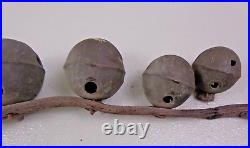 Antique Primitive Brass Sleigh Bells withleather strap Bells 3 Down