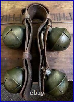 Antique RARE 1900's Large Four Cow Brass Bells On Leather 16 Inches Neck Belt
