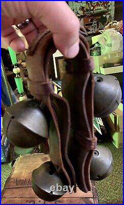 Antique RARE 1900's Large Four Cow Brass Bells On Leather 16 Inches Neck Belt