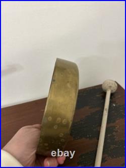 Antique Round Brass Dinner Bell Gong & 5.5 Diameter Wood Mallet 11.5