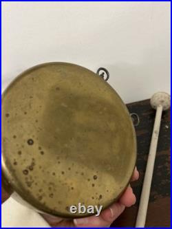 Antique Round Brass Dinner Bell Gong & 5.5 Diameter Wood Mallet 11.5