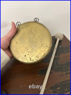 Antique Round Brass Dinner Bell Gong & 5.5 Diameter Wood Mallet 11.5
