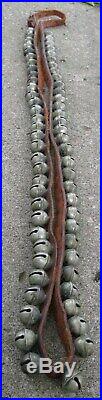 Antique Sensational Leather Strap With Buckle Of 64 Brass Sleigh Bells