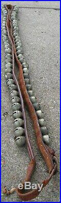 Antique Sensational Leather Strap With Buckle Of 64 Brass Sleigh Bells