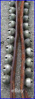 Antique Sensational Leather Strap With Buckle Of 64 Brass Sleigh Bells