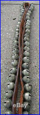 Antique Sensational Leather Strap With Buckle Of 64 Brass Sleigh Bells