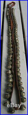 Antique Sensational Leather Strap With Buckle Of 64 Brass Sleigh Bells