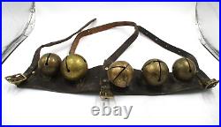 Antique Set of 5 Brass Sleigh Bells/Jingle Bells on Leather Strap. Horse Tack