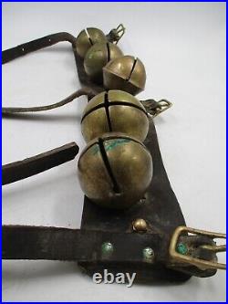 Antique Set of 5 Brass Sleigh Bells/Jingle Bells on Leather Strap. Horse Tack