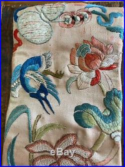 Antique Silk Forbidden Stitch Bell Pull Brass Fitings Frogs Symbols Bird Flowers