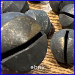Antique Sleigh Bells #7 C1880+ Brass Iron Slit Clapper Old Leather Patina Used