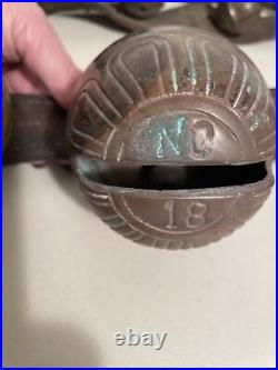 Antique Sleigh Bells Engraved Brass on Original Strap 64 with 18 Bells, #18 Ctr