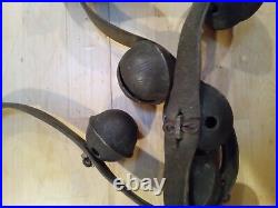 Antique Sleigh Bells GRADUATED EMBOSSED Leather collar 10 LARGE bells 1900