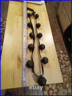 Antique Sleigh Bells GRADUATED EMBOSSED Leather collar 10 LARGE bells 1900