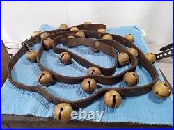 Antique Solid Brass Horse Sleigh Bells On Original Leather Strap 24 Bells
