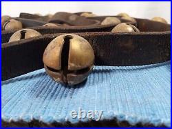 Antique Solid Brass Horse Sleigh Bells On Original Leather Strap 24 Bells