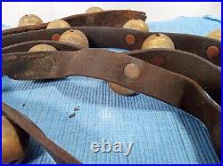 Antique Solid Brass Horse Sleigh Bells On Original Leather Strap 24 Bells