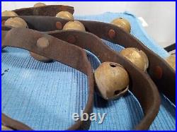 Antique Solid Brass Horse Sleigh Bells On Original Leather Strap 24 Bells