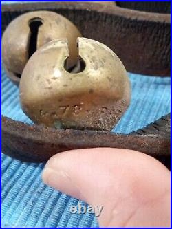 Antique Solid Brass Horse Sleigh Bells On Original Leather Strap 24 Bells