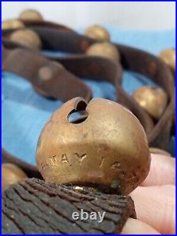 Antique Solid Brass Horse Sleigh Bells On Original Leather Strap 24 Bells