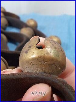 Antique Solid Brass Horse Sleigh Bells On Original Leather Strap 24 Bells