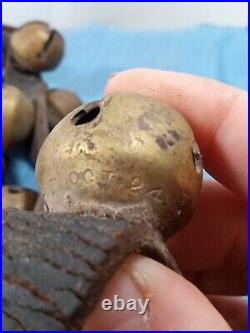 Antique Solid Brass Horse Sleigh Bells On Original Leather Strap 24 Bells
