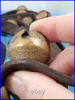 Antique Solid Brass Horse Sleigh Bells On Original Leather Strap 24 Bells