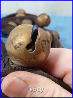 Antique Solid Brass Horse Sleigh Bells On Original Leather Strap 24 Bells