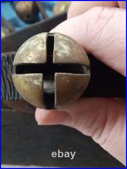 Antique Solid Brass Horse Sleigh Bells On Original Leather Strap 24 Bells