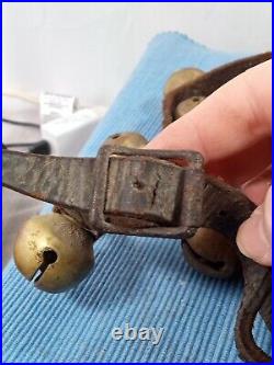 Antique Solid Brass Horse Sleigh Bells On Original Leather Strap 24 Bells