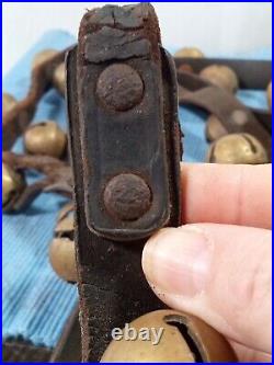 Antique Solid Brass Horse Sleigh Bells On Original Leather Strap 24 Bells