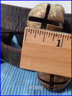 Antique Solid Brass Horse Sleigh Bells On Original Leather Strap 24 Bells