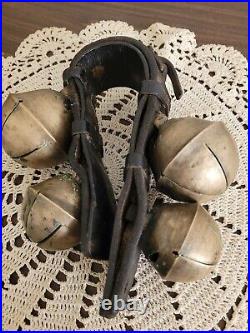 Antique Solid Brass Sleigh Bells Leather Harness Strap