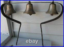 Antique Spectacular Set Of 3 Large Brass Bells On Rack For Horse Carriage/sled
