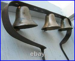 Antique Spectacular Set Of 3 Large Brass Bells On Rack For Horse Carriage/sled