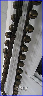 Antique Strand Of 35 Brass Coated Sleigh Bells On Leather Strap That Buckles