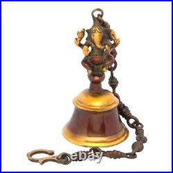 Antique Style Brass Ganesha Wall Hanging Bell with Chain for Temple Room Decor