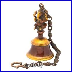Antique Style Brass Ganesha Wall Hanging Bell with Chain for Temple Room Decor
