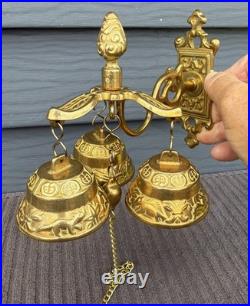 Antique Style Brass Triple Bell Storekeeper Doorbell Wall Mount With Animals 15