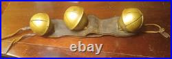 Antique Swedish Brass Rump Sleigh Bells (3) on Original Leather Strap Graduated