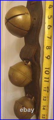 Antique Swedish Brass Rump Sleigh Bells (3) on Original Leather Strap Graduated