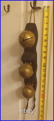 Antique Swedish Brass Rump Sleigh Bells (3) on Original Leather Strap Graduated