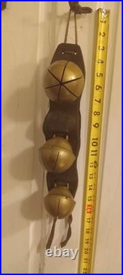 Antique Swedish Brass Rump Sleigh Bells (3) on Original Leather Strap Graduated